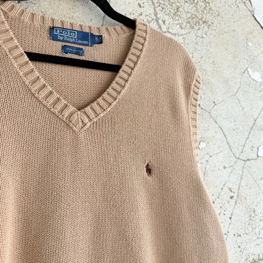 Polo Ralph Lauren Sweater Vest Vtg 90s Tan 100% Cotton Knit V Neck Hong Kong XLT